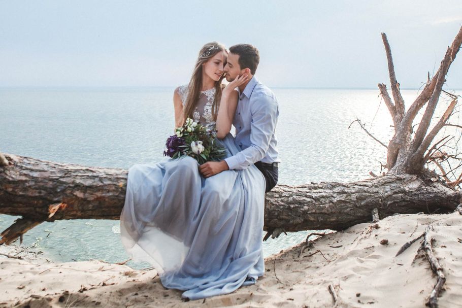 Bride and groom sitting on fallen pine tree on beach